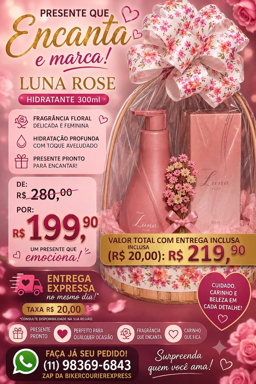 Kit Presente Luna Rose com hidratante 300 ml e cesta decorada